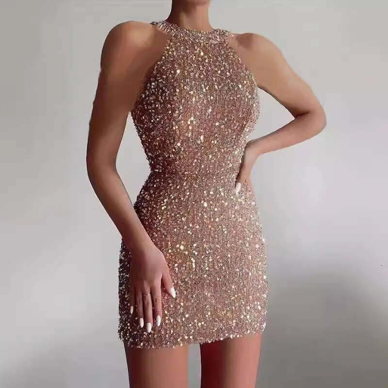 European and American fashionable neck hanging sexy crystal tassel wrapped hip sequin mid waist evening dress 2025 new casual fashion trend clothing