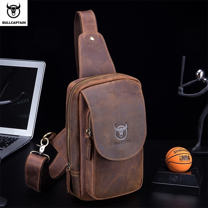 BULLCAPTAIN Mens Crossbody Bags Crazy Horse Leather Chest Bags Leather Crossbody Bages Retro Mens Zip Pocket Short Travel Bag 250603
