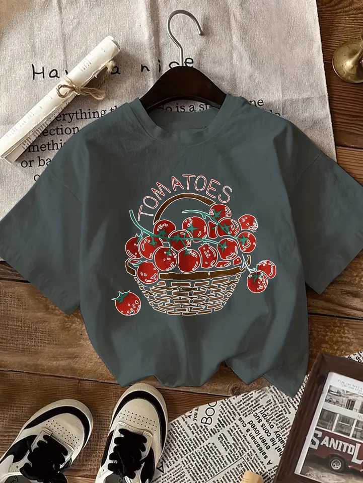 Kids Women Soft Casual T-shirt Fun Tomato Print Comfortable Short Sleeve Summer T-shirt White Graphic Design Great for Casual WearT250603