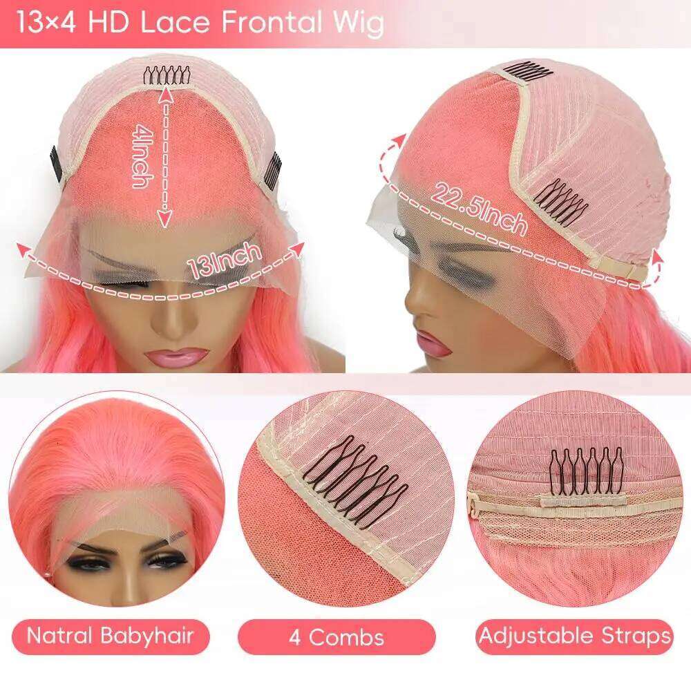 Pink Front Body Wave 13x6 Hd Lace Frontal Pre Plucked Cosplay Rose Red Colored Wig 100% Human Hair Wigs