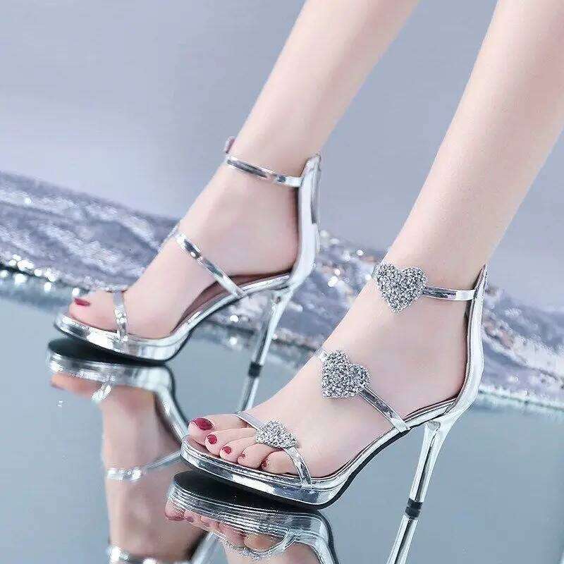 Women's Sandals Rhinestones Sexy Thin Heels Ladies Shoes Summer Sale Asian Size 2025 Trend New Breathable Fashion Casual