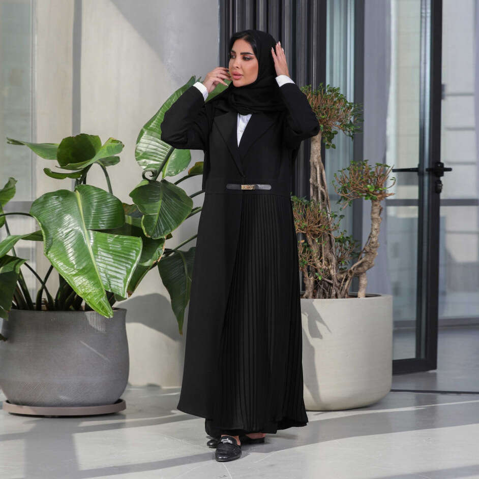 Mq115 Abaya Cardigan Robe Pleated Coat Muslim Arabic Fashion Leather Buttons B5