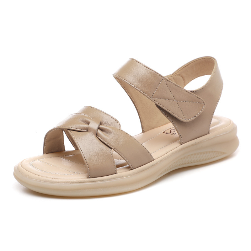 Wangnai Genuine Leather Soft Sandals for Women, Summer Flat Non-Slip Pregnant Women Beach Shoes, Middle-Aged Large Size Cowhide Sole Mom Shoes ddmythu
