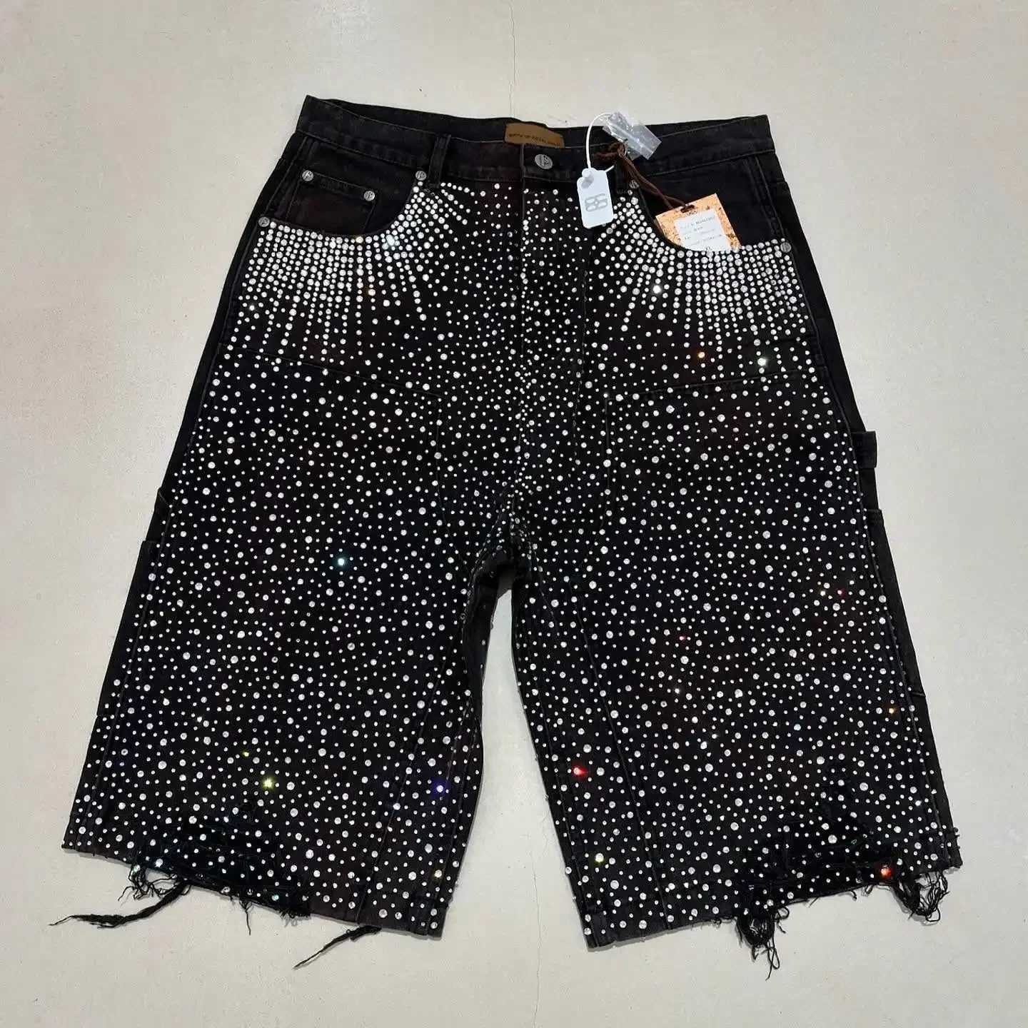 Streetwear Couple Vintage Rhinestone Sequined Denim Shorts Y2K Cowboy Hip Hop Denim Loose Sport Shorts Denim Casual Shorts T250603