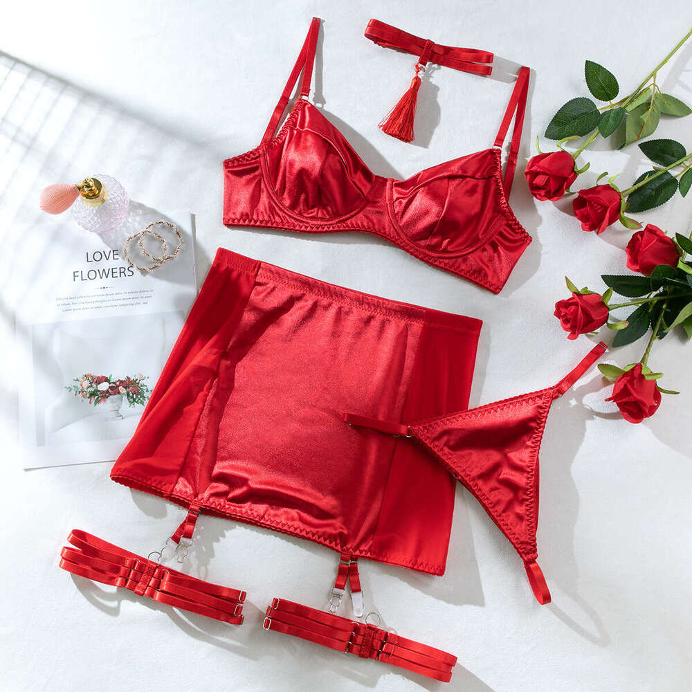Spell Lingerie Porn Suits INS Hot Selling Lingerie Satin Tassel Sexy Push Up Hip Lifting Big Chest Minimizing Four Piece Set For Women Sexy Lingerie