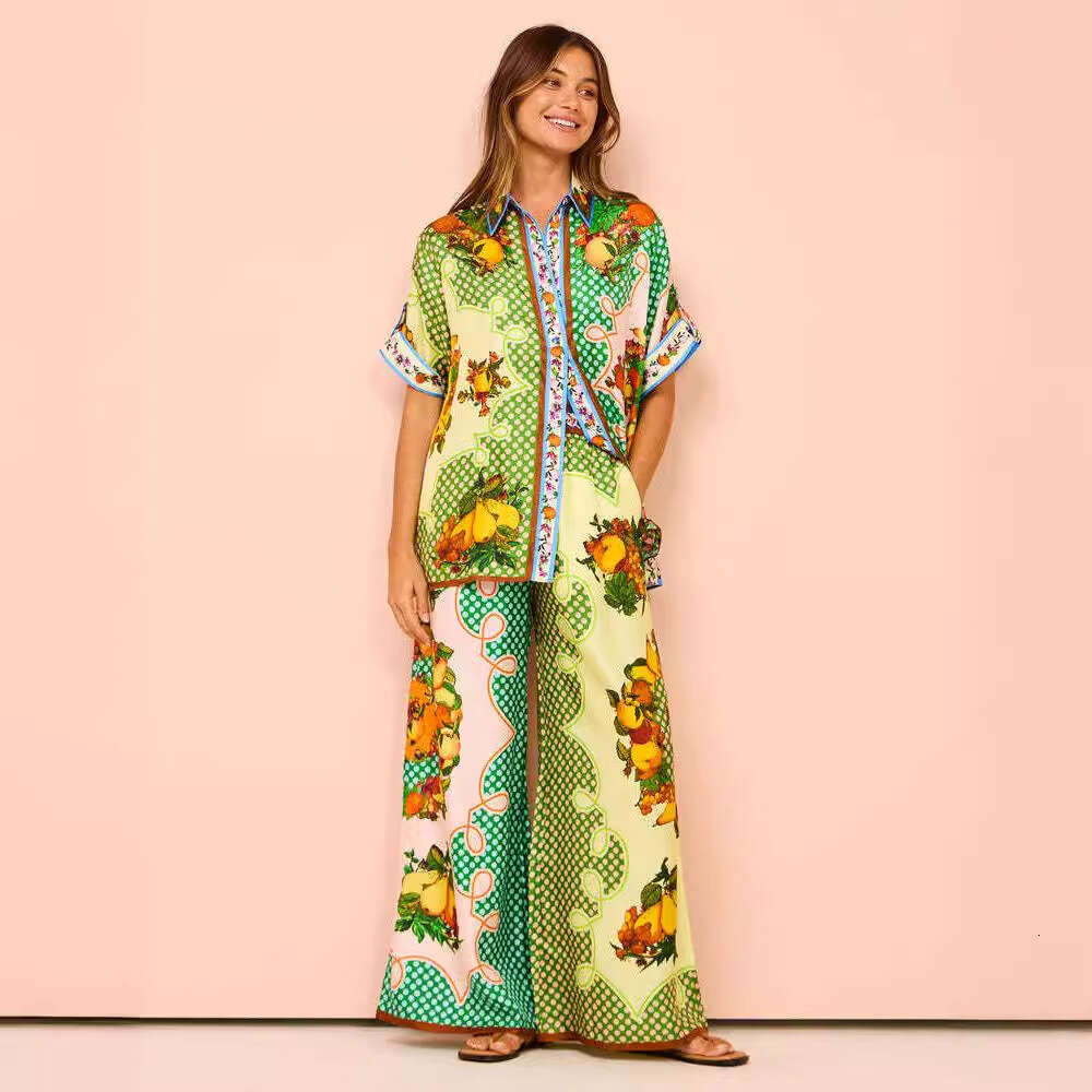 Women's Fashion New Printed Elastic Waist Pocket Wide Leg Pants Casual Set For Summer B5