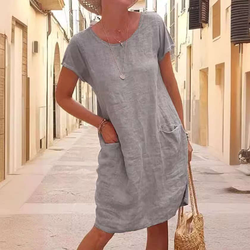 Summer Loose Solid Color Pocket Short Sleeve Round Neck Washed Cotton Linen Dress Women's Fashion B5