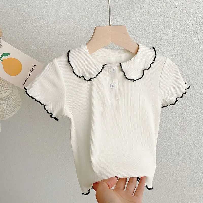 Korean Style Girls T-shirts Turn-down Collar Short Sleeve Kids Tee TopsT250603