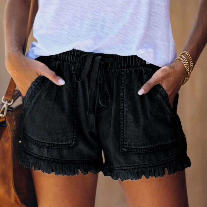 Elastic Casual High Waist Slimming Fringe Denim Shorts For Women B5