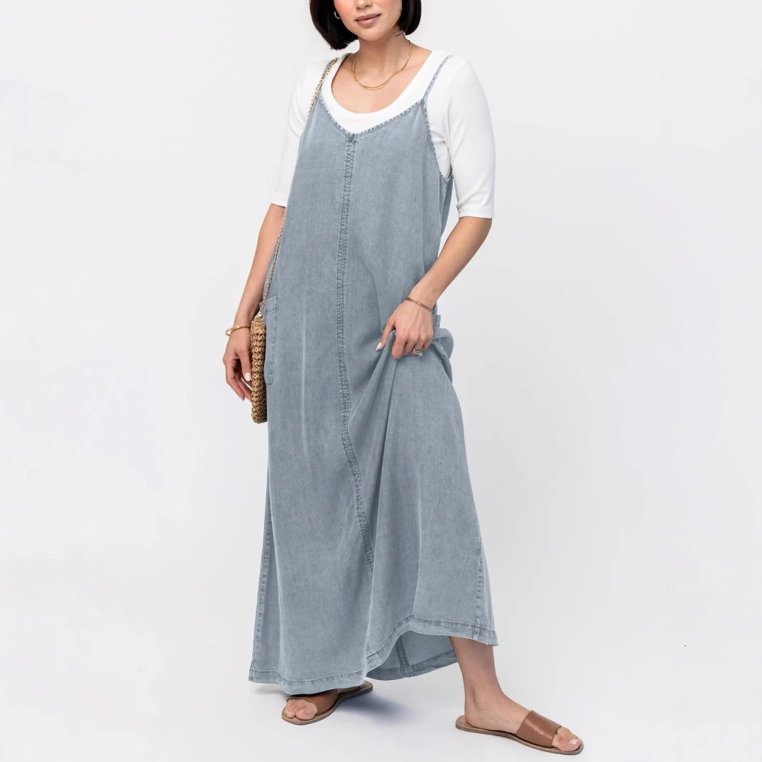 women's wear 2025 New Simple Thin Loose Long Solid Color Washed Strap Casual Denim Dress