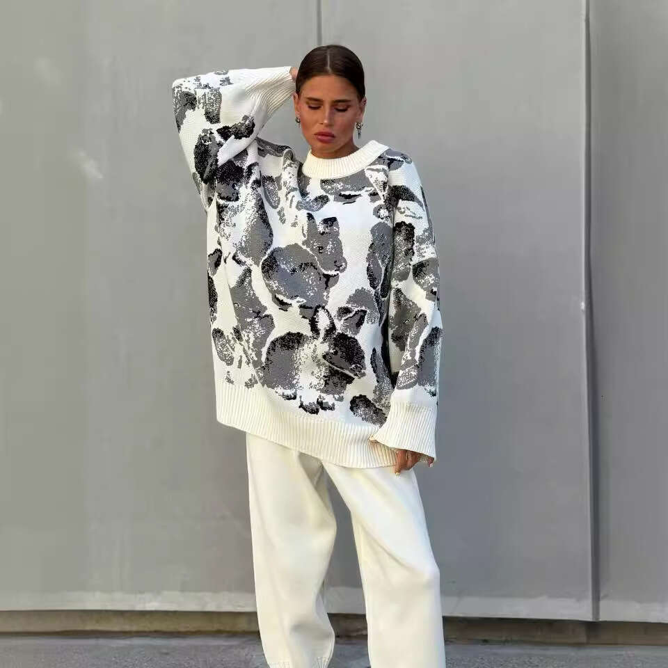 Loose Full Print Sleeve Sweater Women Straight Slim Long Casual Pants Women's Knit Set B5
