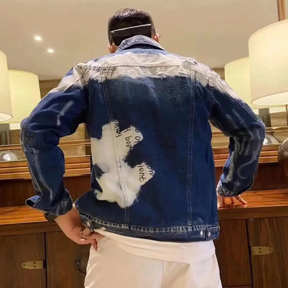 Hole Letter Label Printing Fashion Mens Denim Slim Fit Bomber Jacket Mens Autumn Casual Hip Hop Denim Jacket Veste En Jean 250529