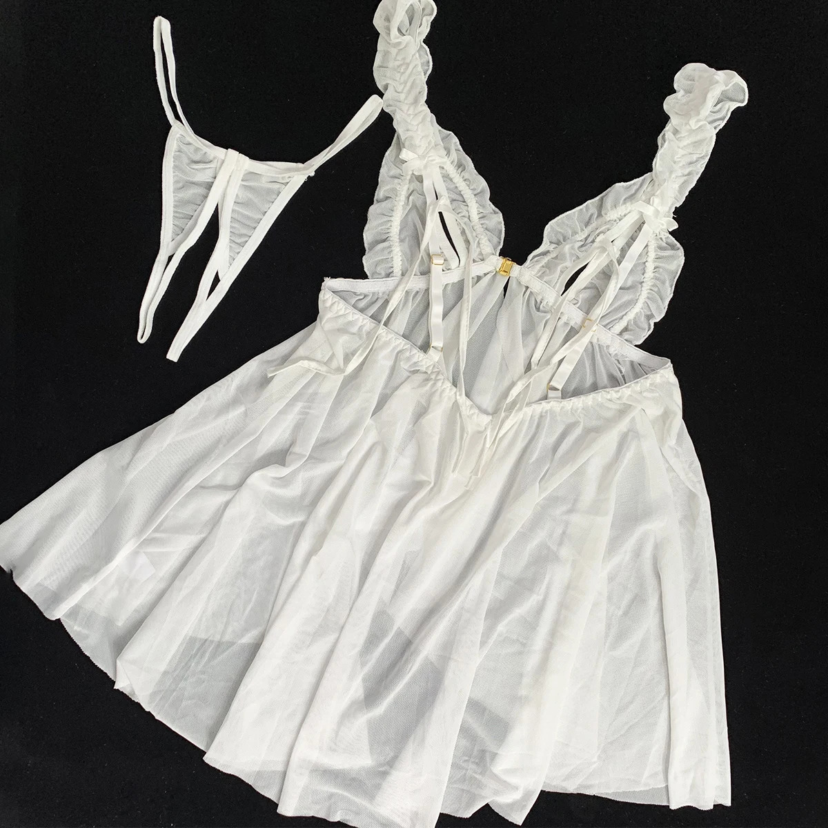 In Sexy Lingerie Women Set Sleepwear Sling Lace Mini Dress Open Bra Nightgown Transparent Pajama 2 Pcs Top And G-string 250603