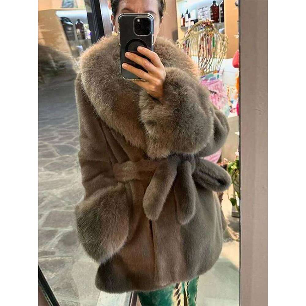 Chic Women Faux Furs Collar Long Sleeve Oversize With Belt Female Fur Jackets 2024 Winter Fashion Coats