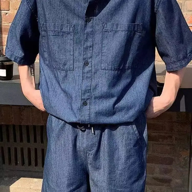 Summer Men set Retro Trendy Hong Kong-style Denim Short-sleeved Shirts Shorts Casual Sportswear Men Cool Loose suit 250603