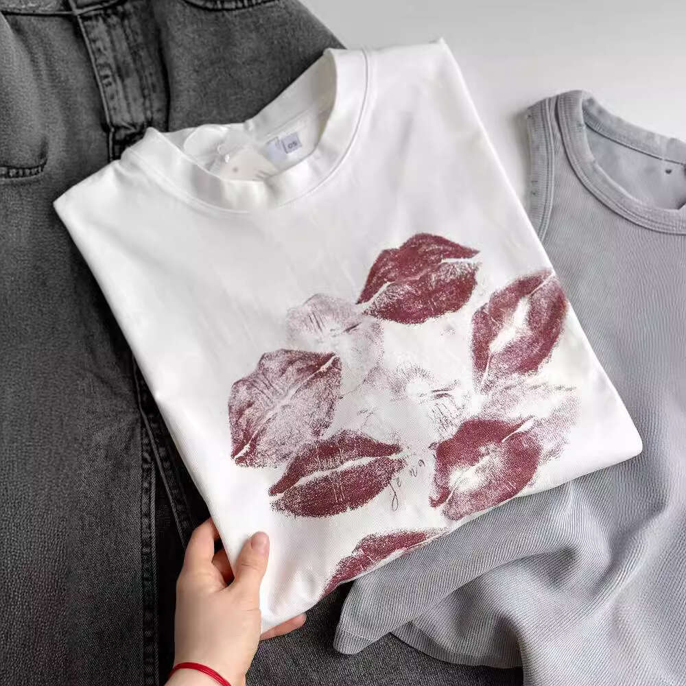 Spring Summer New Lip Print Short T-Shirt Women Pure Cotton Round Neck Pullover Top Drop Shoulder Sleeve Women's Fashion B5