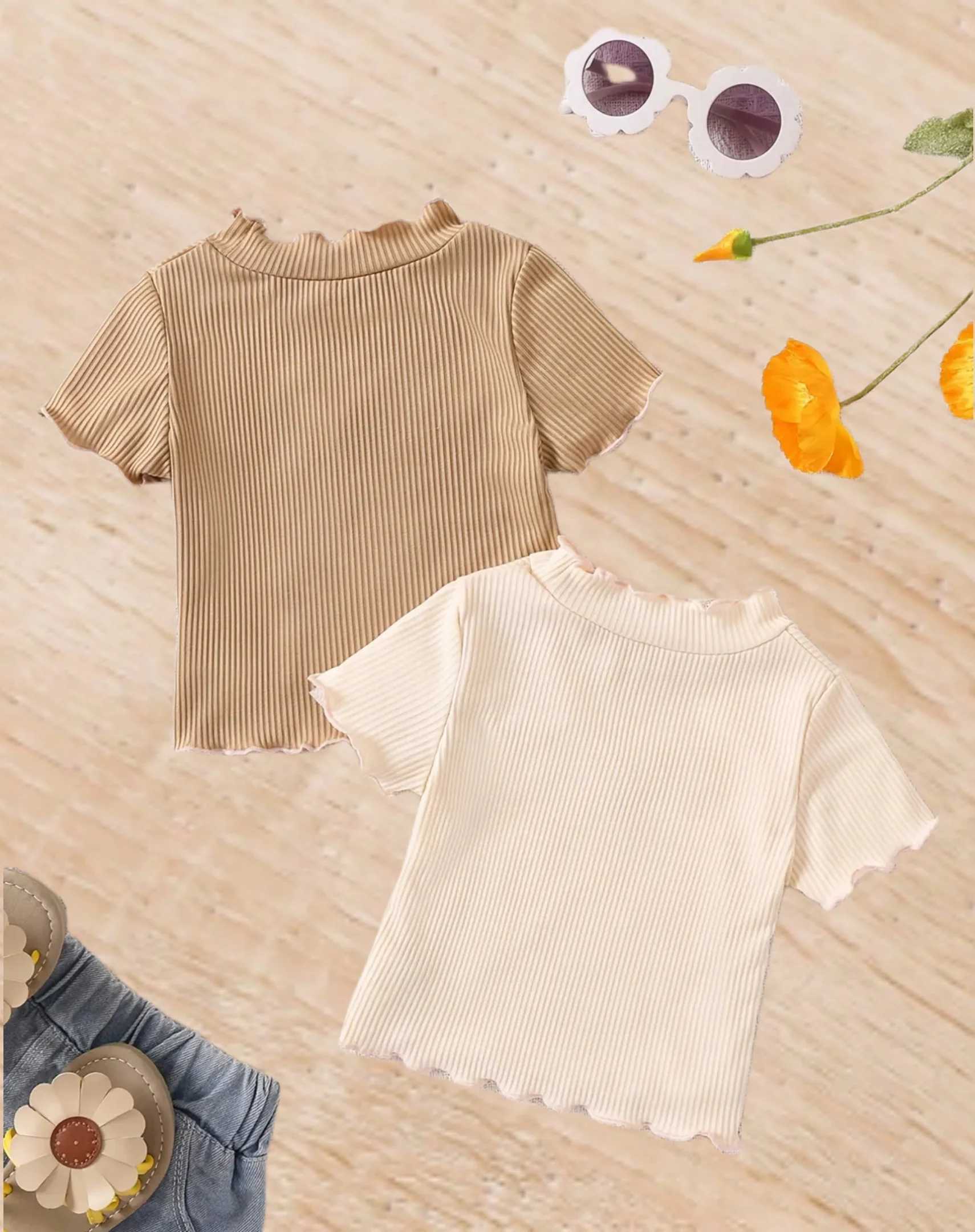 Cute summer short sleeve T-shirt with pit strip breathable comfortable skin-friendly lace collar butterfly print fashion loose for girls T250603