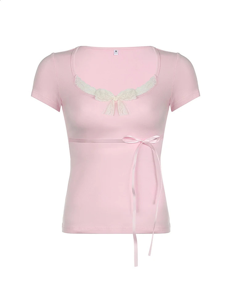 Japanese Kawaii Contrast Lace Tie Bow Square Collar Slim Short Sleeve Black T Shirt Women Pink Sweet Balletcore Cute Tees 250521