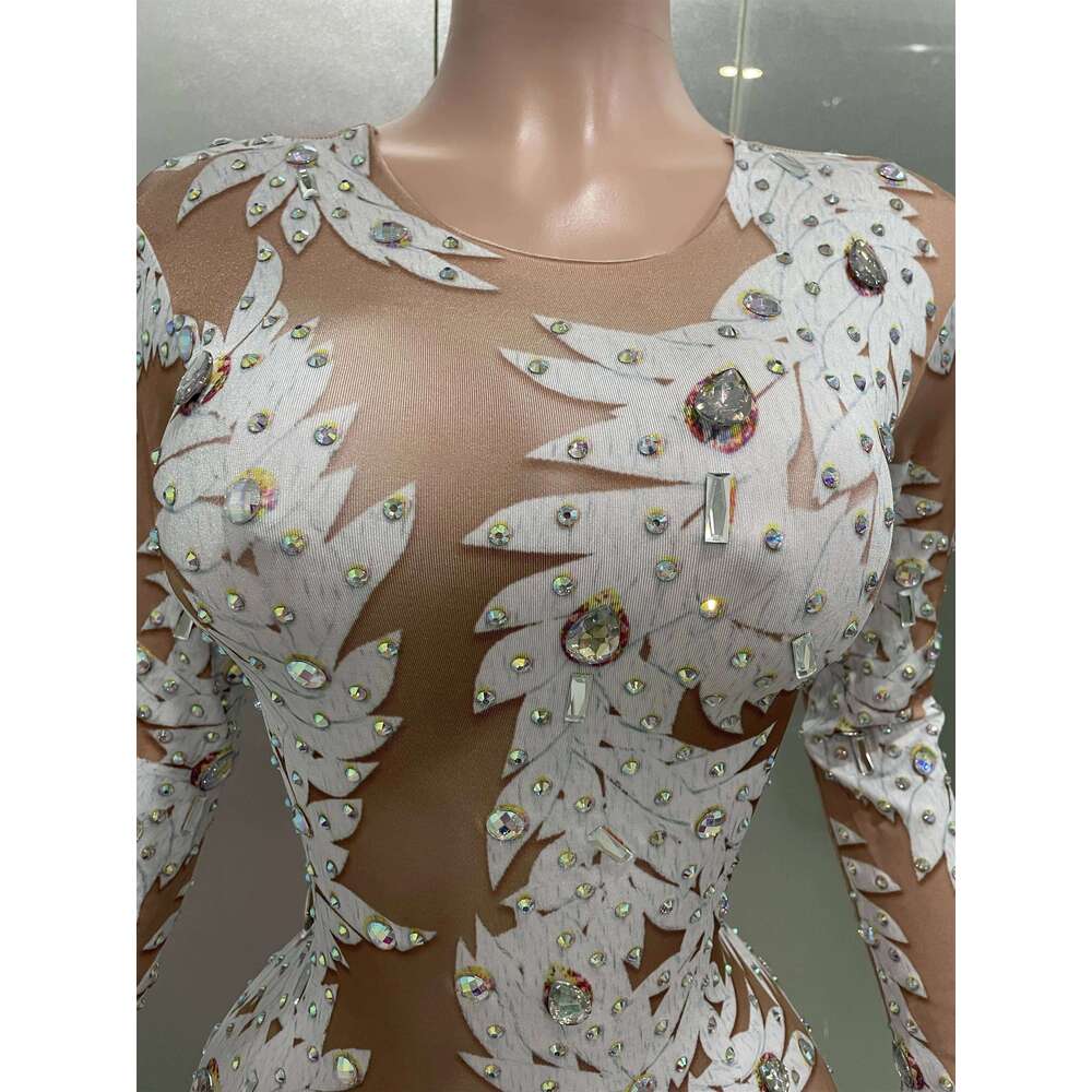 Sexy Crystal High Stretch Bodycon Long Sleeve Jumpsuit Women Celebrate Nightclub Party Club Performance Costume Stage Wear