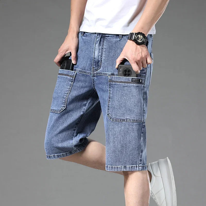 Summer Multi-pocket Thin Denim Shorts for Men Loose Straight Stretch Versatile Casual Short Jeans Male Clothing 250530