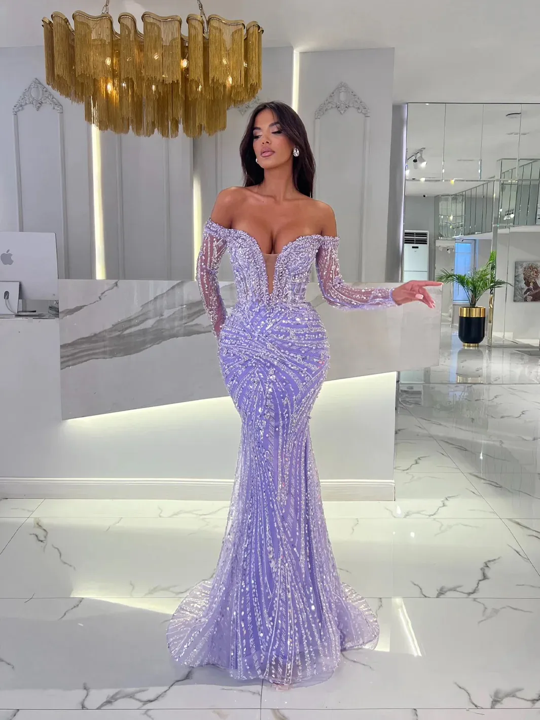 Sexy Crystal Mermaid Prom Dresses Off The Shoulder Sequined Lace Party Dresses Floor Length Customized Evening Dress