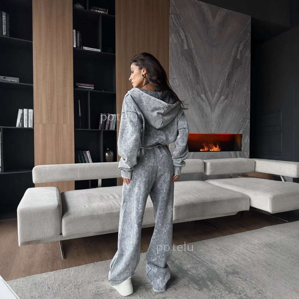 Spring New Washed Vintage Women's Fashion Short Hoodie Sweatshirt Casual Long Pants Two-Piece Set For Women B5