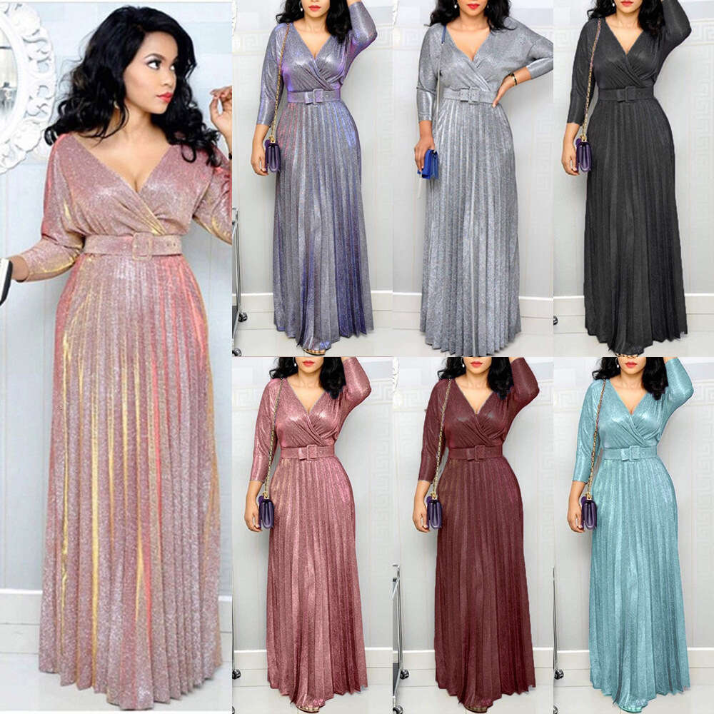 Winter European, American, African women's fashion long sleeved, gilded, pleated skirt with waist belt, shiny pink fabric, 2025 new style, chic a