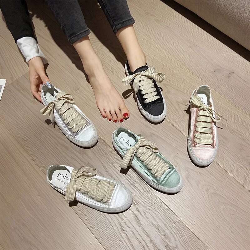 Satin White Flats Shoes New Fashion Canvas Casual Sneakers For Women