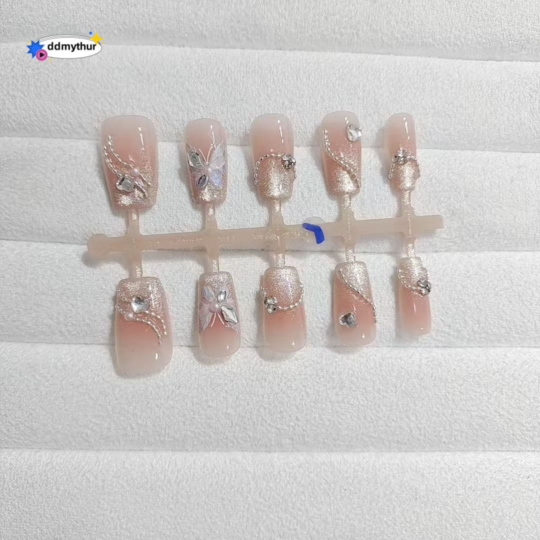 Wearable Nails 10 Pieces S200 Pearl Curtain Dream Short Ladder Butterfly Crushed Dia Glitter Chain Brightening Temperament Nail Art Finished Products 