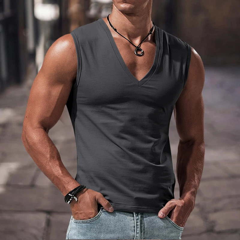 Summer mens solid color Vneck vest casual breathable sleeveless Tshirt suitable for fitness and sports 250527