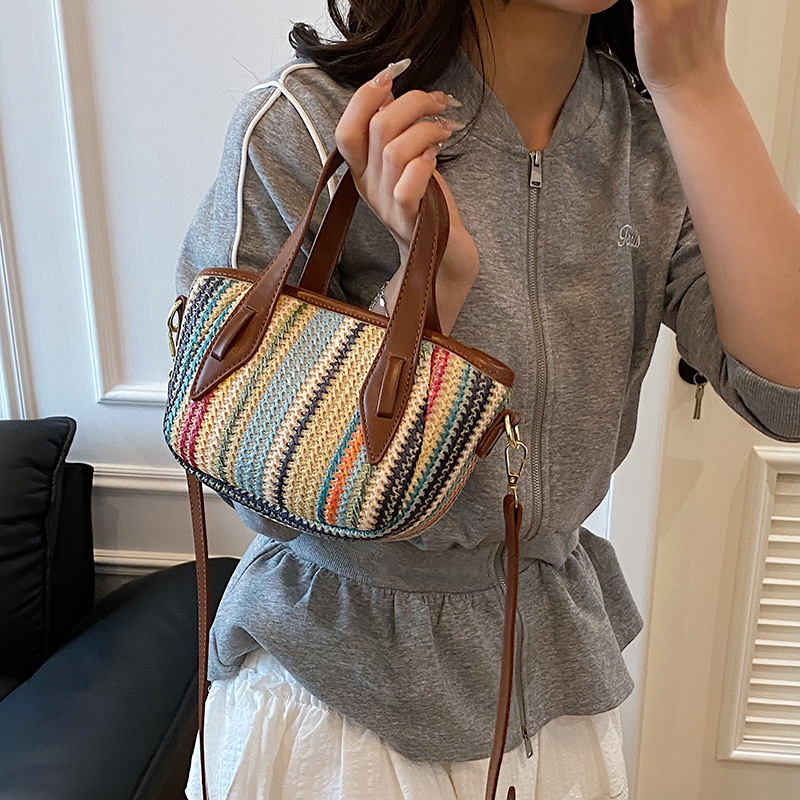 designer Summer Rainbow Striped Straw Bag for Women New Fashion Commuter Shoulder Bag Woven Beach Vacation Bucket Bag