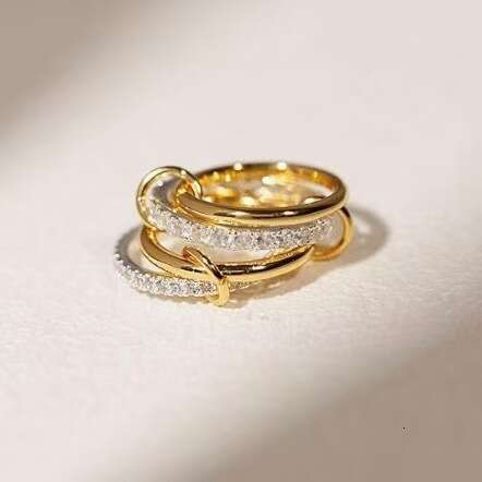 New Stacked Cubic Zirconia Titanium Steel Thick High Gloss Gold and Silver Double Ring