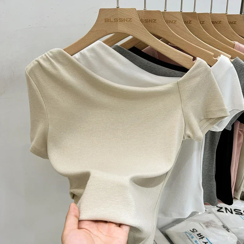 AOSSVIAO Womens Long Sleeve Off Shoulder T Shirts Tight Knit Sexy Slim Fitted Casual Womens Basic Tops Cropped T-Shirt 250603