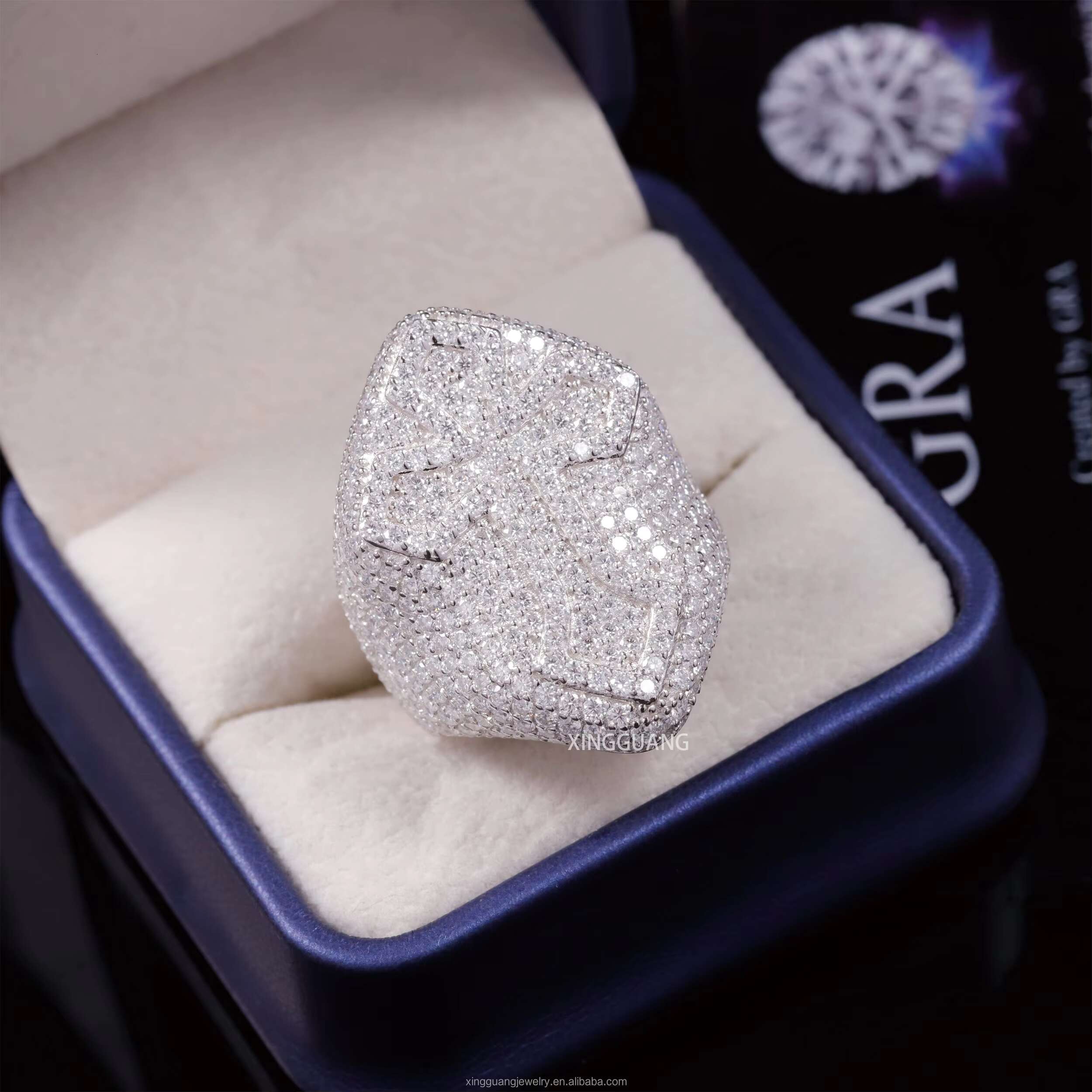 Hot Sale Raised Cross Full Iced Out VVS Moissanite Diamonds White Gold Plated 925 Sterling Silver Cross Rings Hip Hop Jewelry