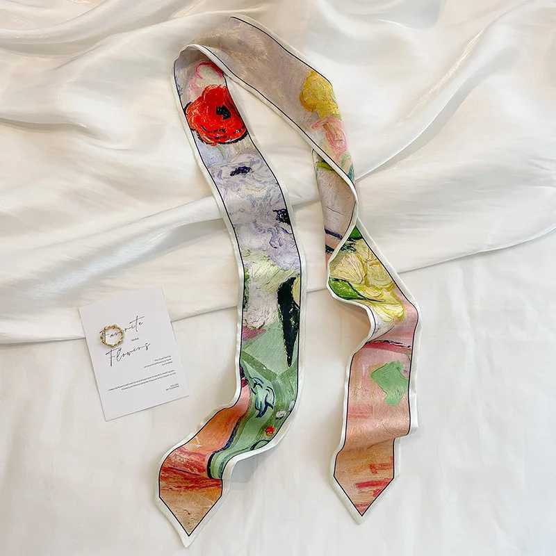 Designer French Stylish Oil Printing Small Long Satin Silk Scarf For Womens Imitation Silk Handbag Ribbon Neck Tie Hair band W250602