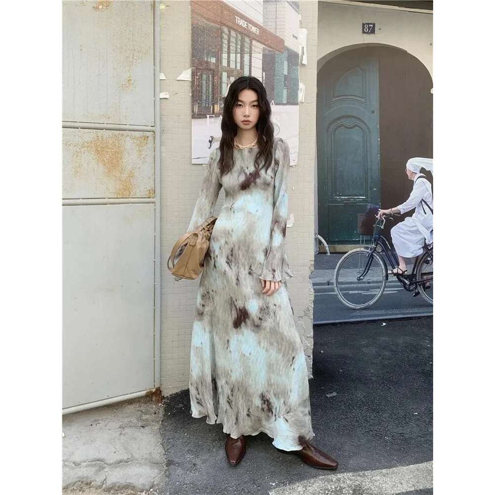 Designer Pleate French Maxi For Women Flare Long Sleeve Swing A Line Dress Fall Clothes