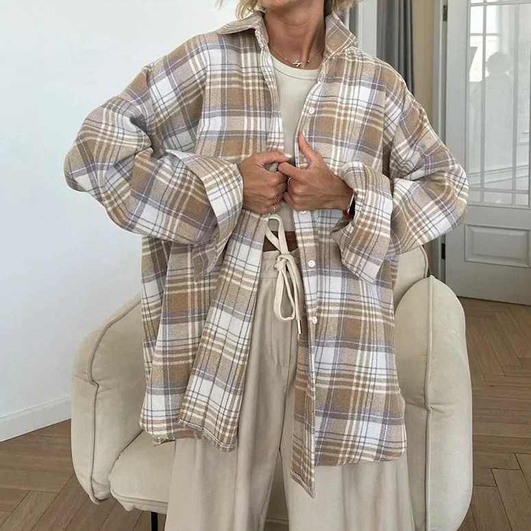 Maillard Woolen Lapel Plaid Oversize Shirt Fashionable Arrival Wholesale Foreign Trade Womens Blouse 250603