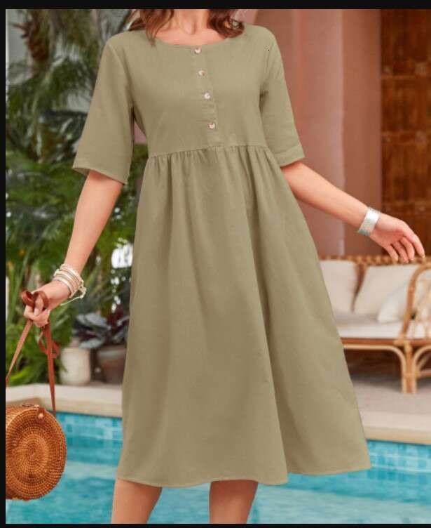 Spring Summer Cotton Linen Round Neck Loose Casual Solid Color Pocket Dress B5