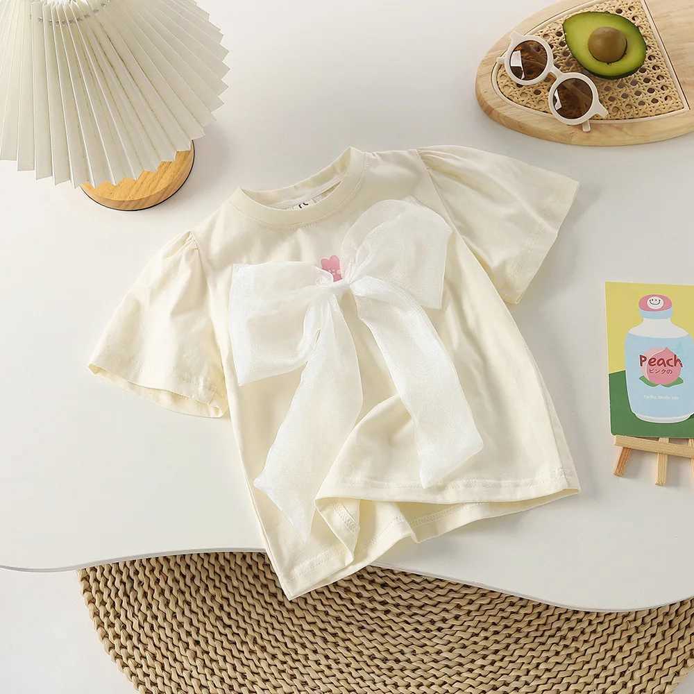 Girls T-Shirts 2023 Rabbit Print With Bow Puffed Sleeves Kids Clothes Girls T-Shirts Children Tops T-shirt For 2-6 years T250603