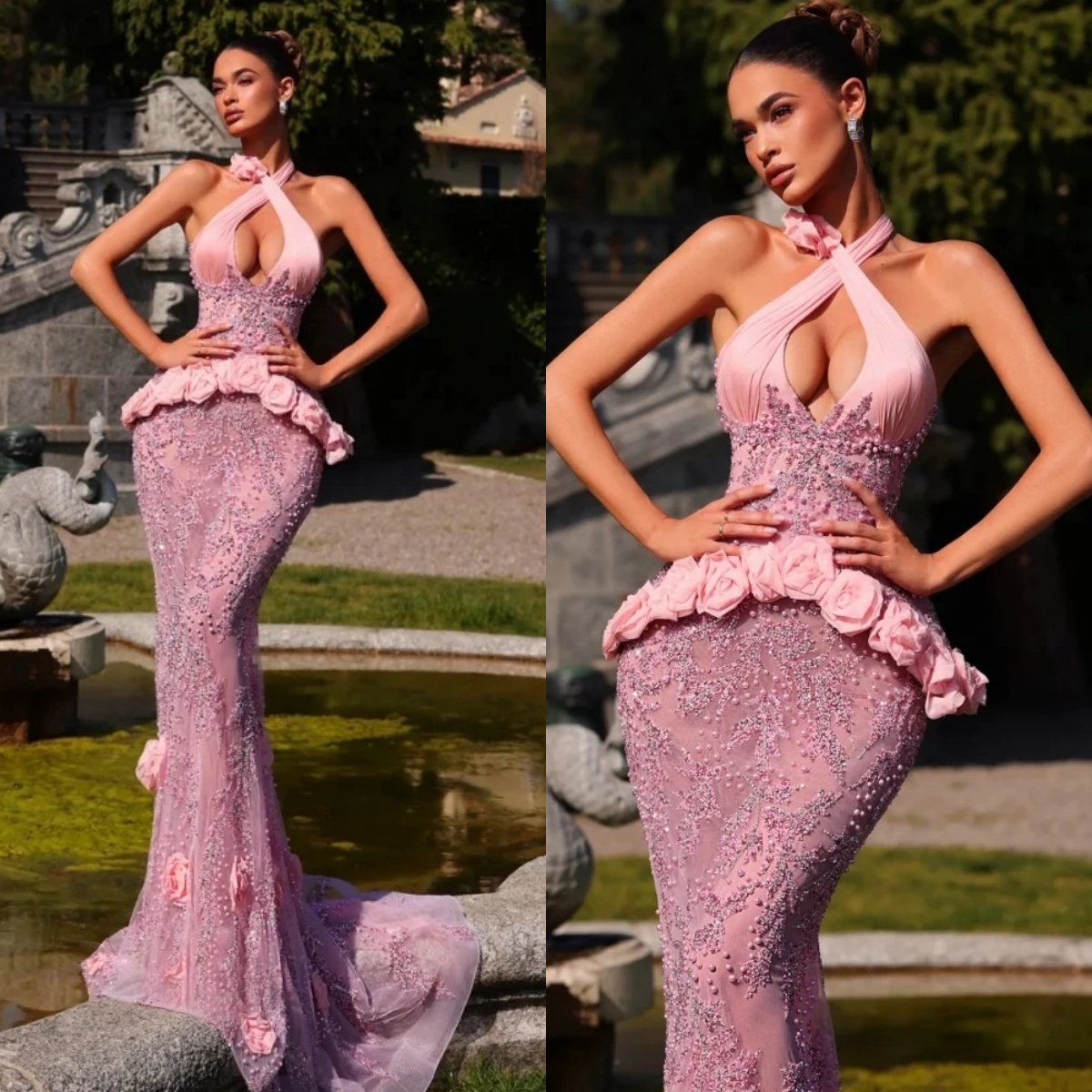 Modern Evening Dresses Pearls Appliques Prom Dress Halter See Through Sleeveless Handmade 3D Flowers Mermaid Party Gowns Vestidos De Noche