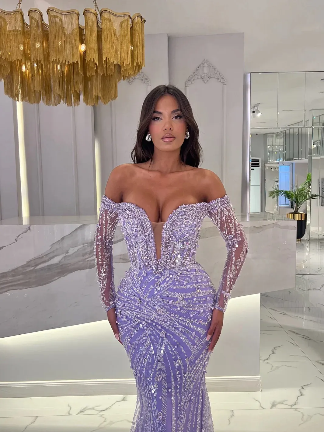 Sexy Crystal Mermaid Prom Dresses Off The Shoulder Sequined Lace Party Dresses Floor Length Customized Evening Dress