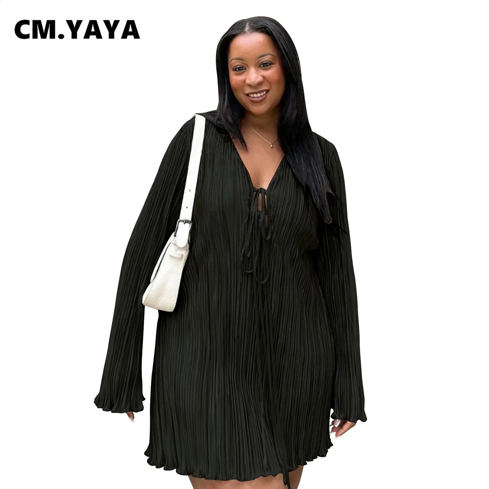 CMYAYA Long Sleeve Women Vneck Pleated Dress Casual Streetwear Plus Size Mini Dresses 2024 Autumn Slim Party 250526