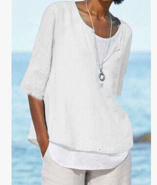 Spring Summer V-Neck Solid Color Cotton Linen Plus Size Mid-Sleeve Women's Shirt B5