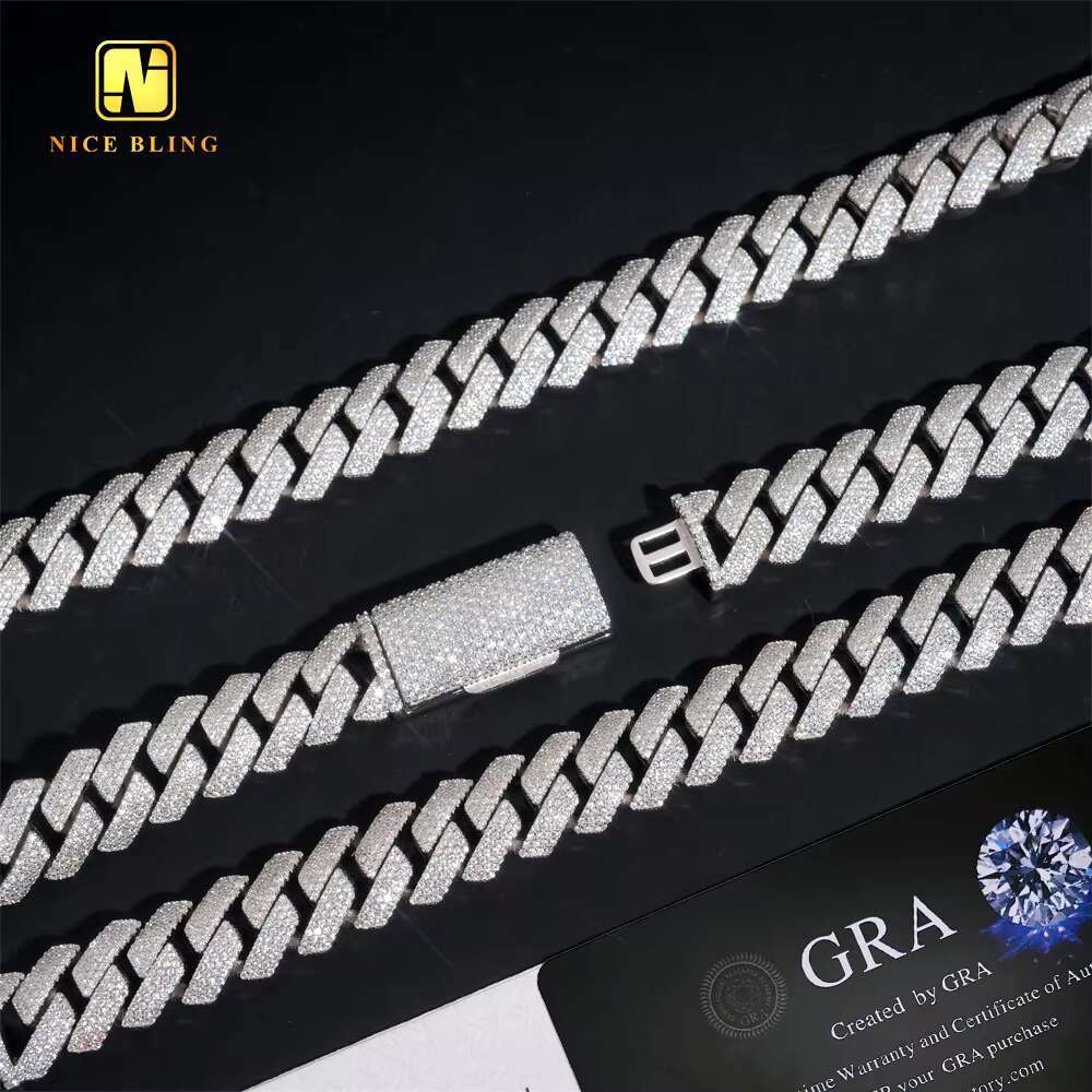 High Quality 15mm Hip Hop Jewelry Necklace Iced Out Diamond Custom Cuban Link Chain 925 Silver VVS Moissanite Chain Necklace