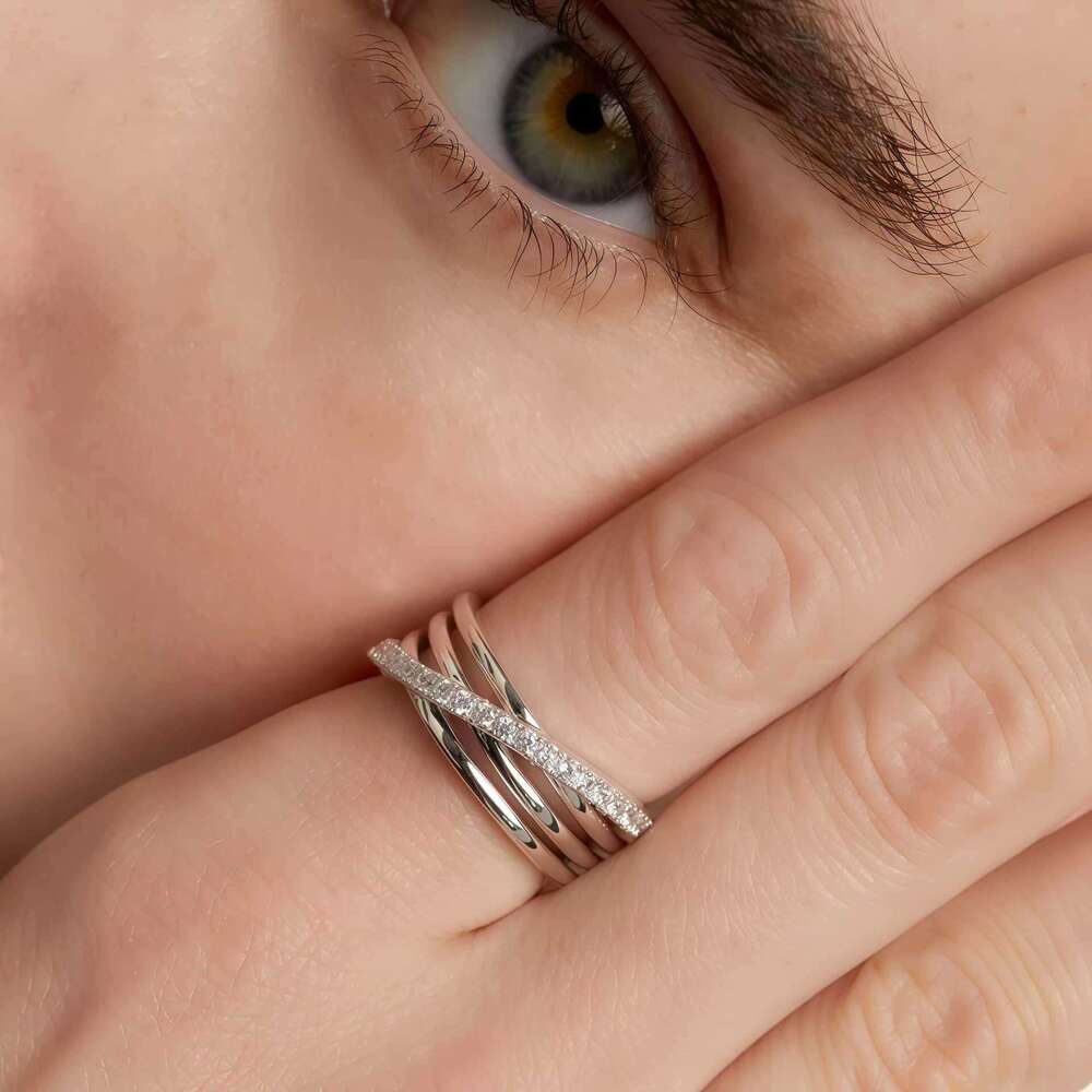 Spanish PD Silver Three-Ring Cross Niche Light Luxury High-End Design Inlaid Diamond Fashion Women's Ring