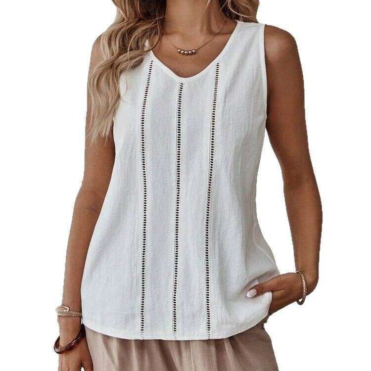 Spring/Summer TEMU Lace Hollow Sleeveless Cotton Linen Casual Solid Color Women's Vest B5