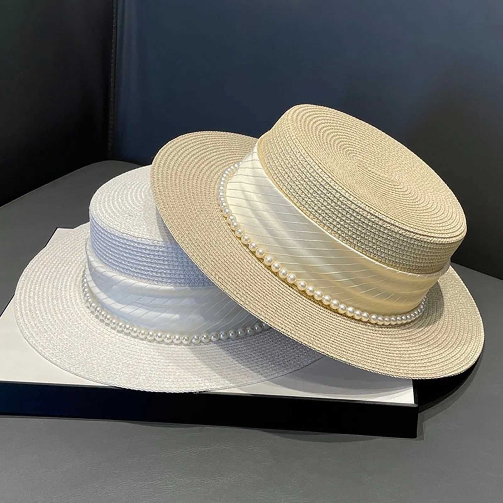 Women Summer Straw Hat Decorative Pearl Wide Brim Flat Top Hat Bucket Hats UV Protection Beach Holiday Sun Cap W250602