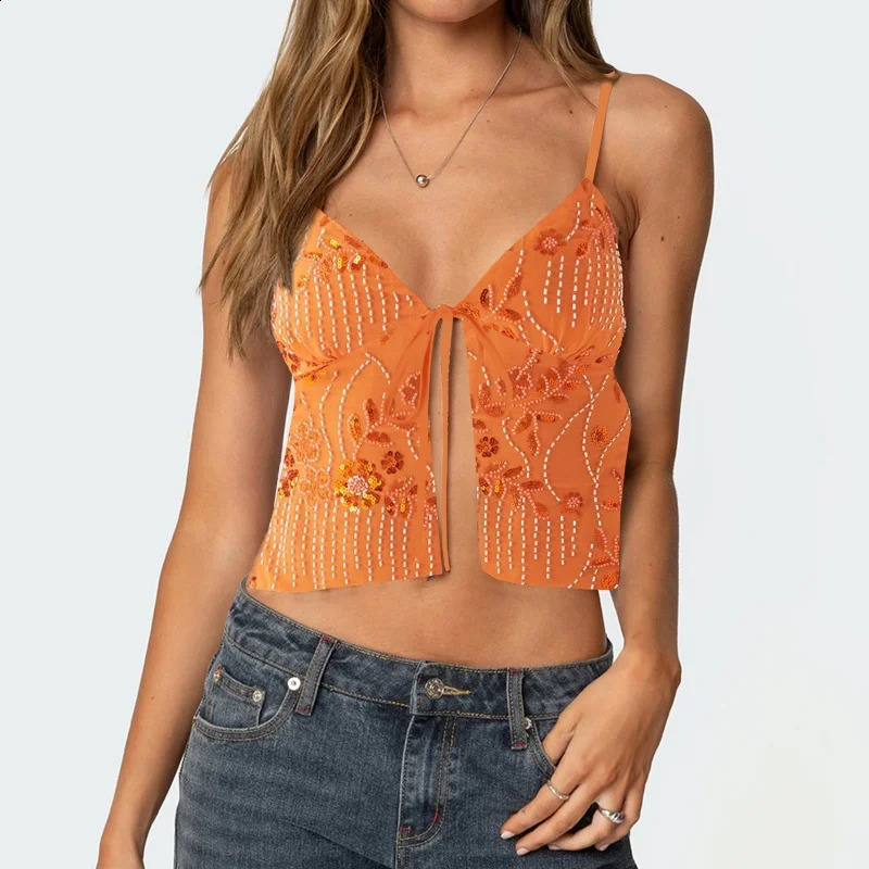 Women Y2K Sequin Cami Top Front Tie Pearl Rhinestone Sleeveless Tank Top Sparkle Glitter Backless Crop Top Party Clubwear 250529