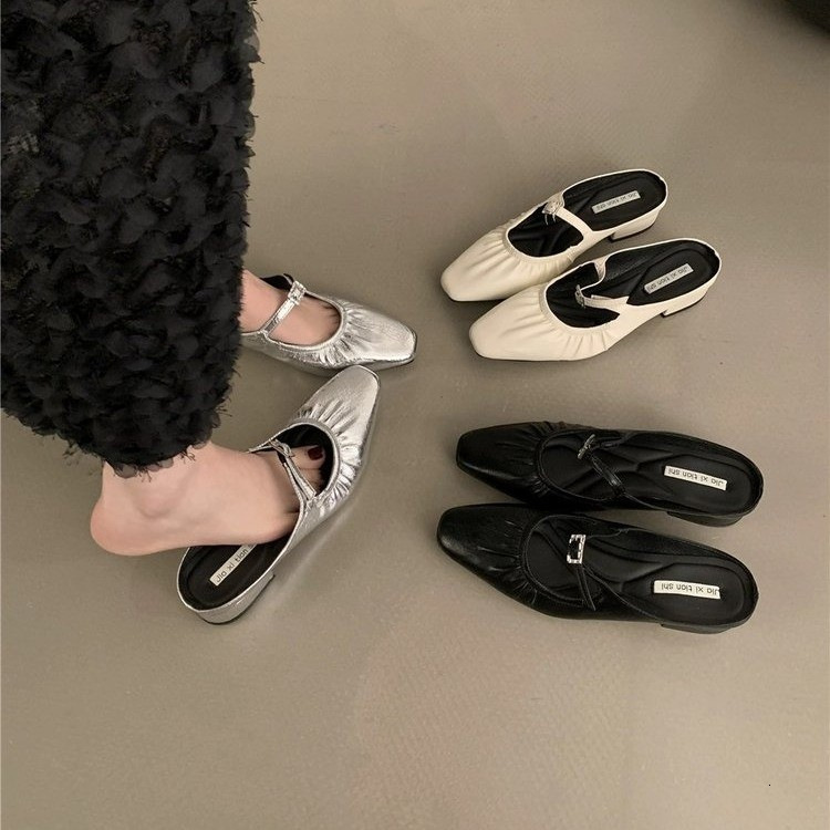 French Style Hidden Peep Toe Mules with Thick Heel for Women 2025 New Silver Elegant Petite Single Shoes ddmythur