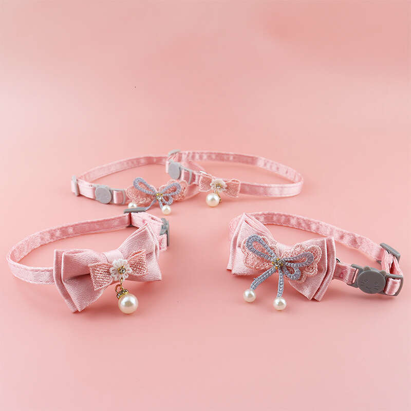 Fairy Pink Lace Bowknot Beaded Cat Collar Bell Pet Supplies